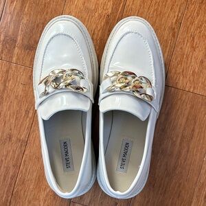 Steve Madden White Patent Loafers with Gold Chain